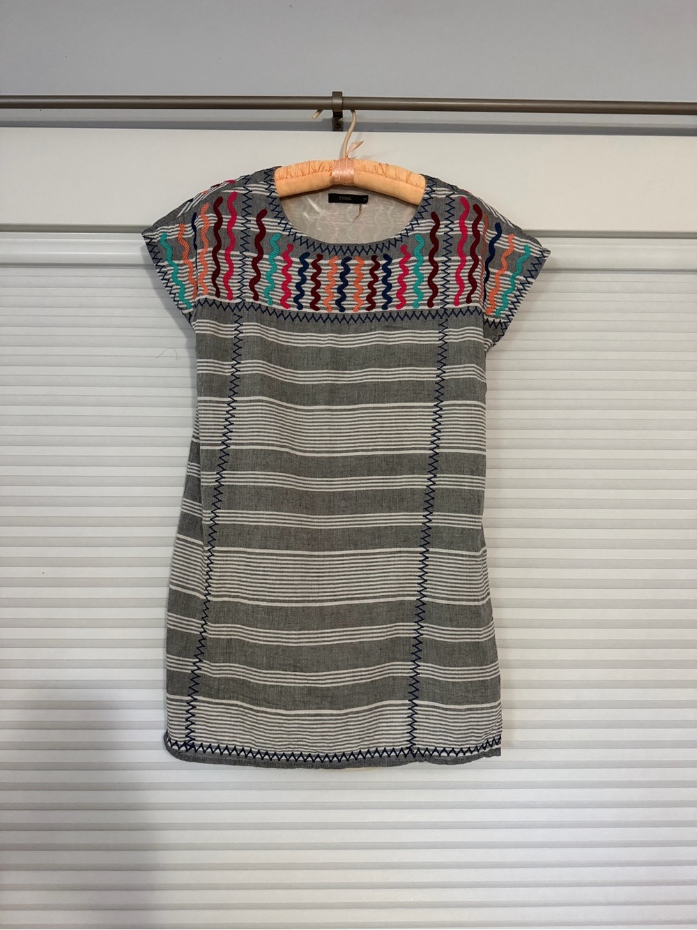 THML Gray Striped Shift Dress with Multicolor Rick Rack Yolk